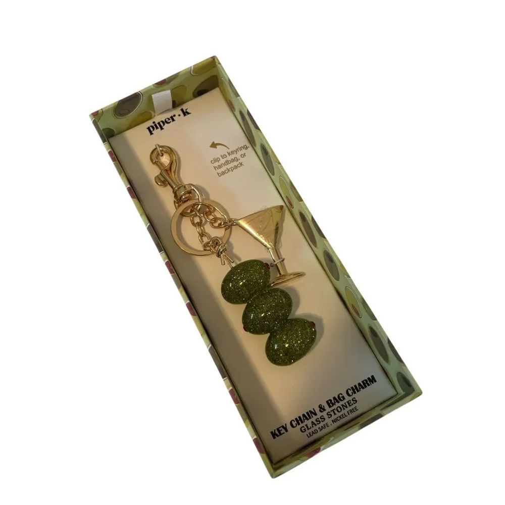 Piper.k Gold Tone & Sparkly Green Glass Martini Themed Key Chain & Bag Charm.